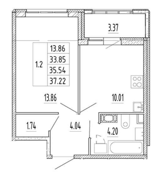 1-комнатная 35.54 м²