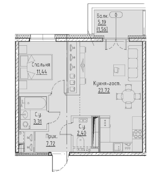 1-комнатная 50.15 м²