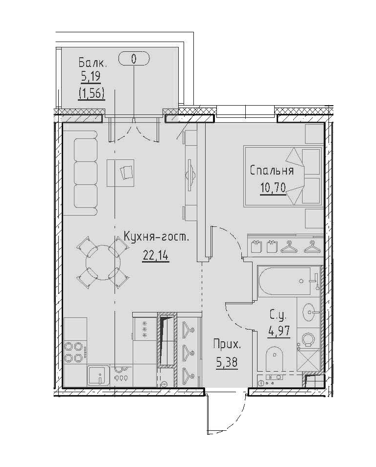 1-комнатная 44.75 м²