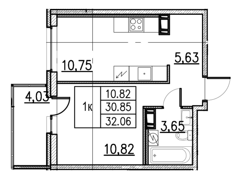 1-комнатная 32.06 м²