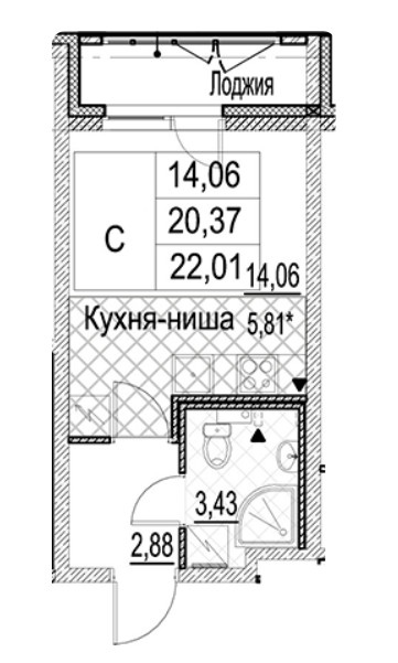 Студия 22.01 м²