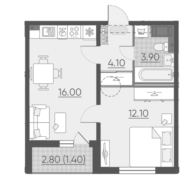 1-комнатная 37.5 м²