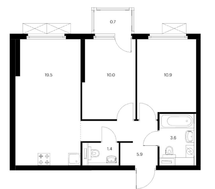 2-комнатная 52 м²