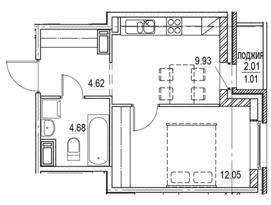 1-комнатная 32.29 м²