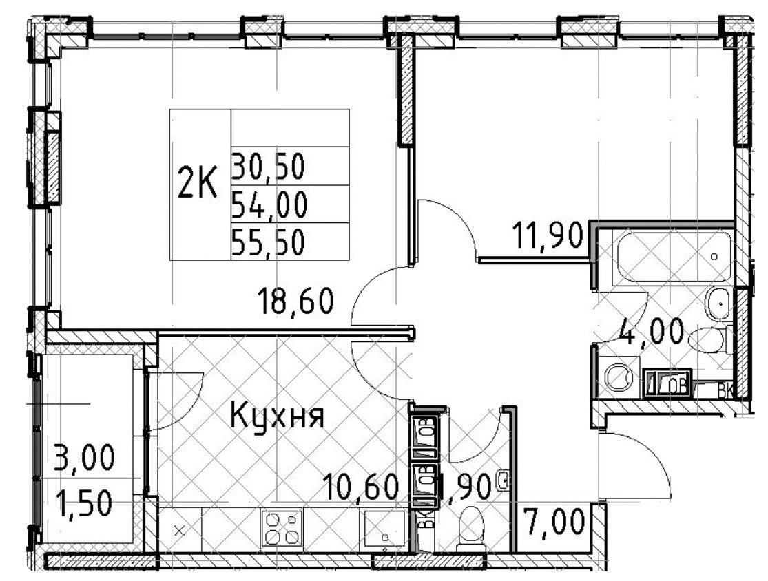 2-комнатная 55.5 м²