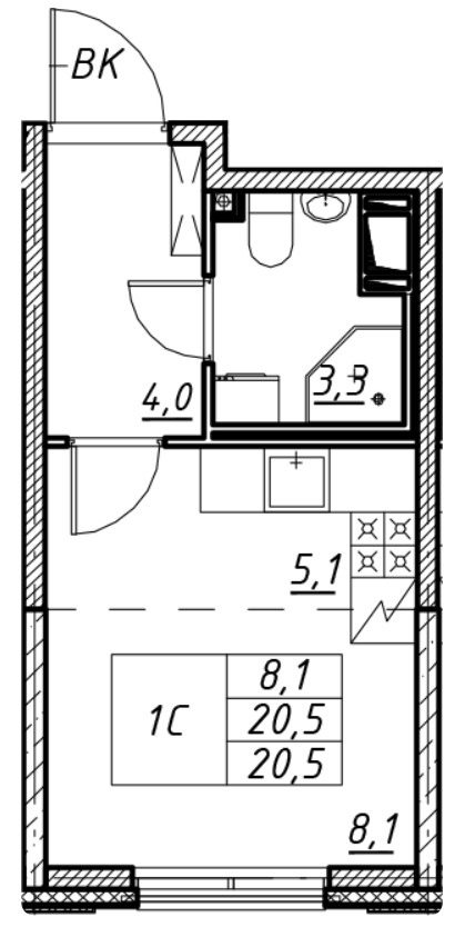 Студия 20.5 м²