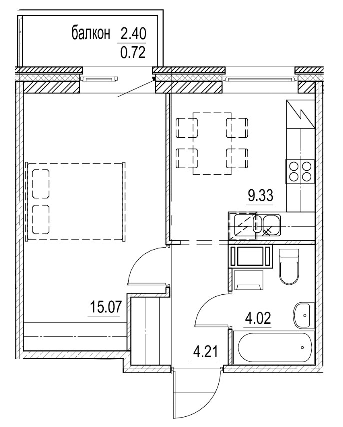 1-комнатная 33.35 м²