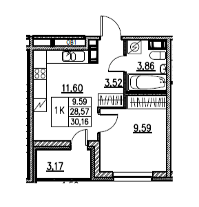 1-комнатная 30.16 м²