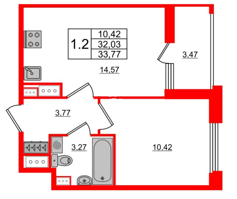 1-комнатная 33.77 м²