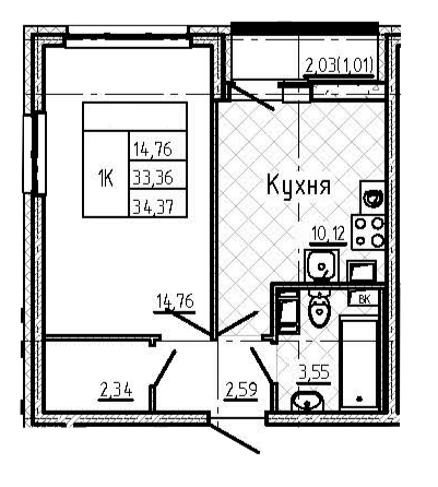 1-комнатная 34.37 м²