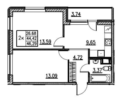 2-комнатная 46.29 м²