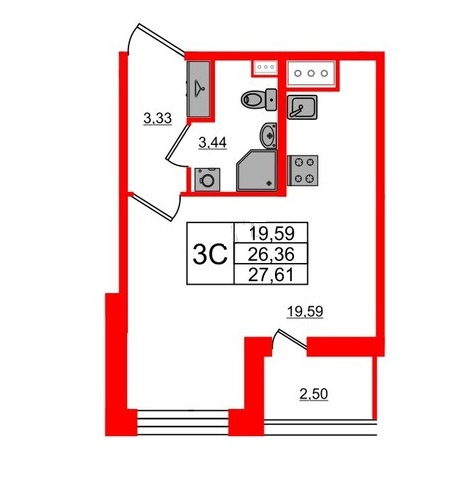 Студия 26.36 м²
