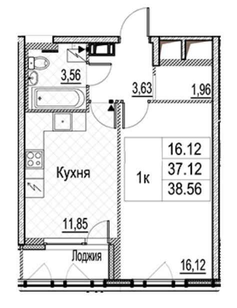 1-комнатная 38.56 м²