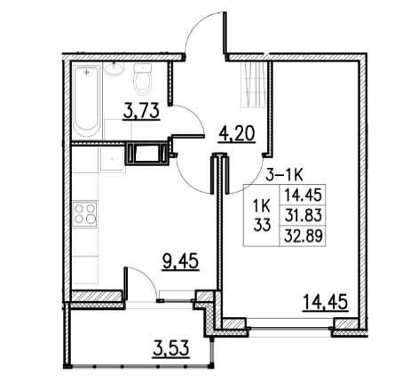 1-комнатная 32.89 м²