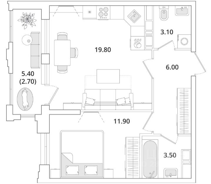 1-комнатная 47 м²