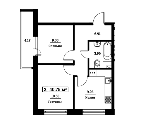 2-комнатная 40.75 м²