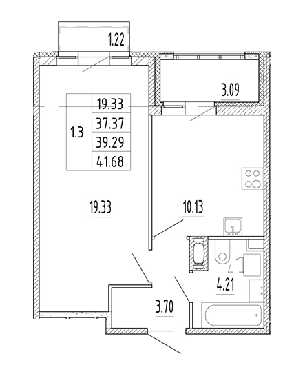 1-комнатная 39.29 м²