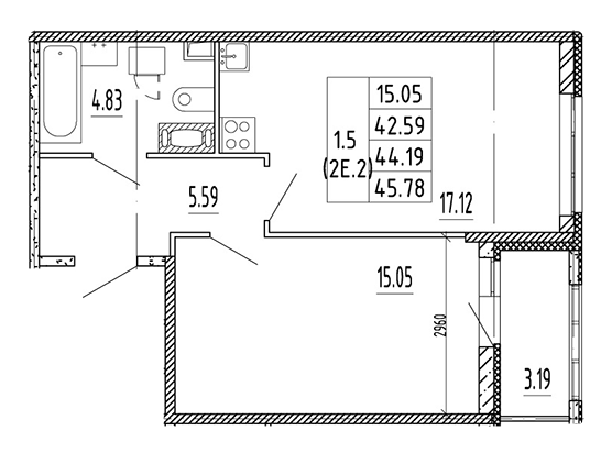 1-комнатная 44.19 м²