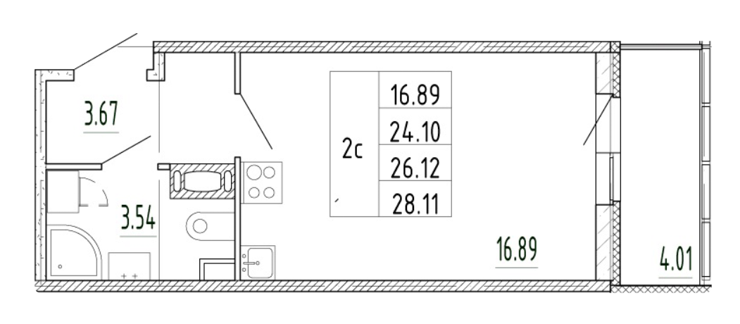 Студия 26.1 м²