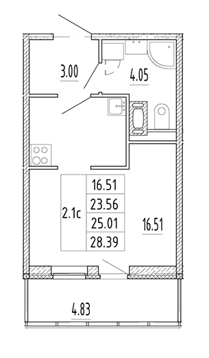 Студия 25.01 м²