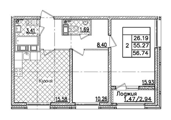 2-комнатная 56.74 м²