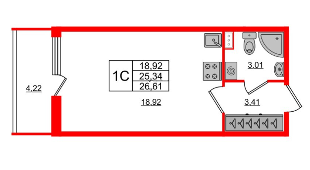 Студия 26.6 м²