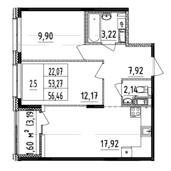 2-комнатная 53.27 м²