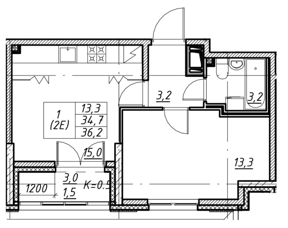 1-комнатная 36.2 м²