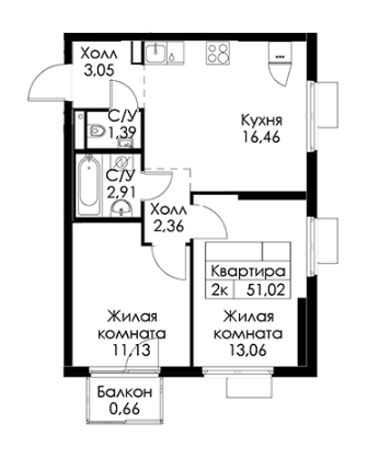 2-комнатная 51.02 м²