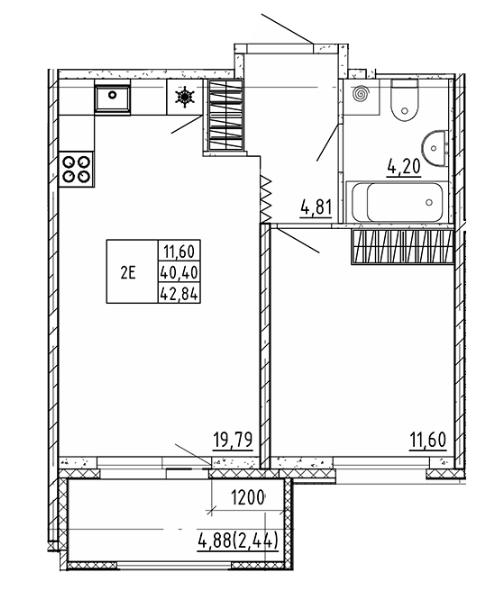 1-комнатная 42.84 м²