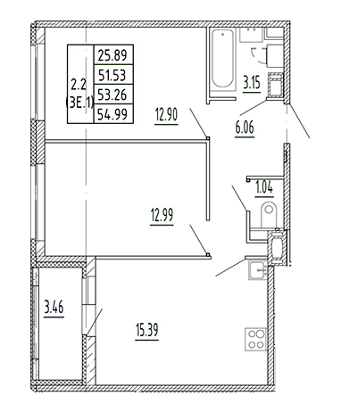 2-комнатная 53.26 м²