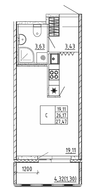 Студия 27.47 м²