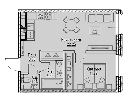 1-комнатная 43.47 м²