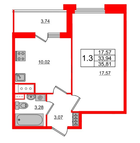 1-комнатная 35.81 м²