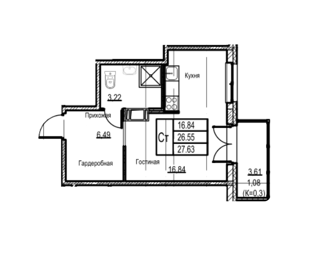 Студия 27.63 м²
