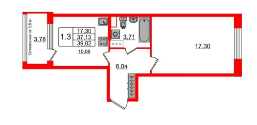 1-комнатная 39.02 м²