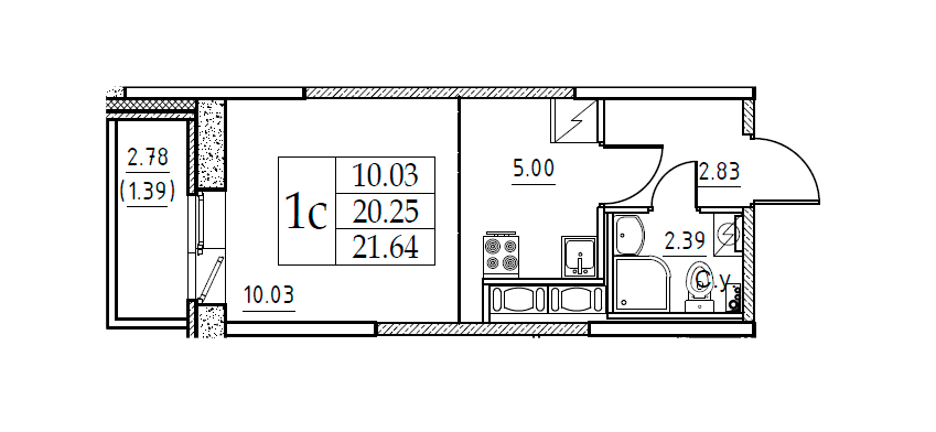 Студия 21.64 м²