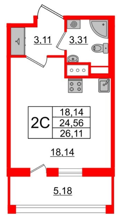 Студия 26.11 м²
