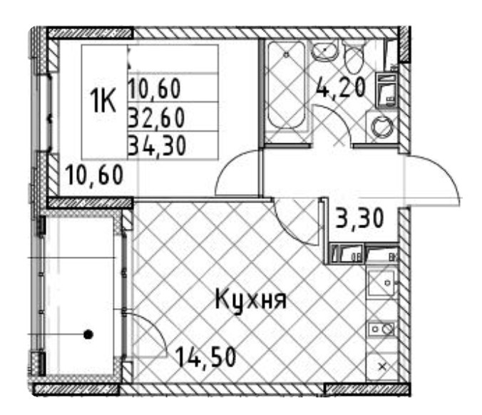 1-комнатная 34.3 м²