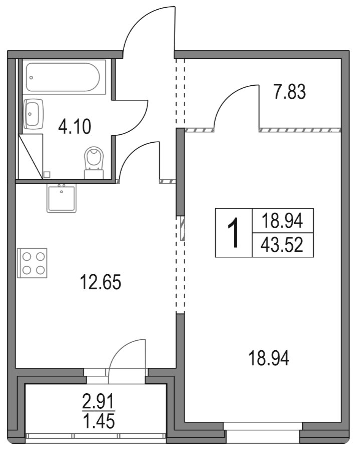 1-комнатная 44.98 м²