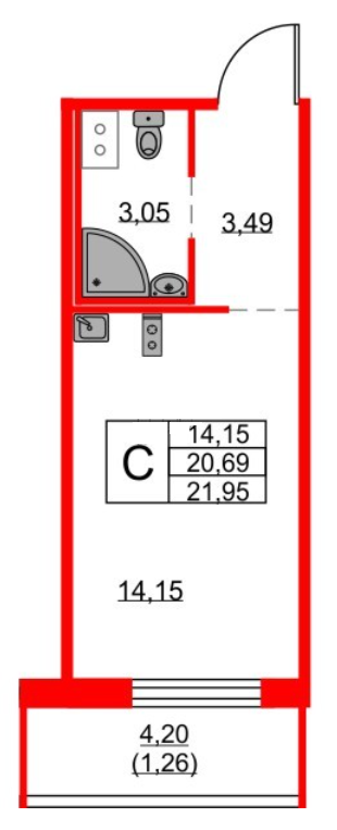 Студия 21.95 м²