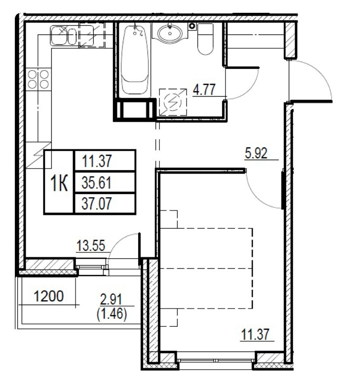 1-комнатная 37.07 м²