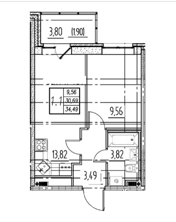 1-комнатная 32.59 м²