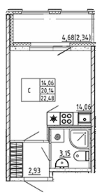 Студия 22.48 м²