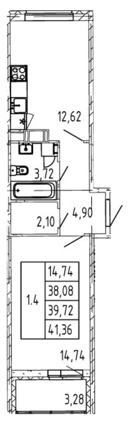 1-комнатная 39.72 м²