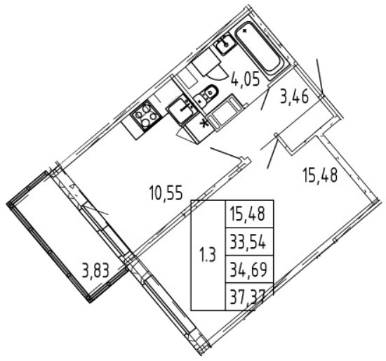 1-комнатная 34.69 м²