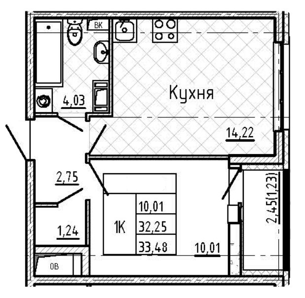 1-комнатная 33.48 м²