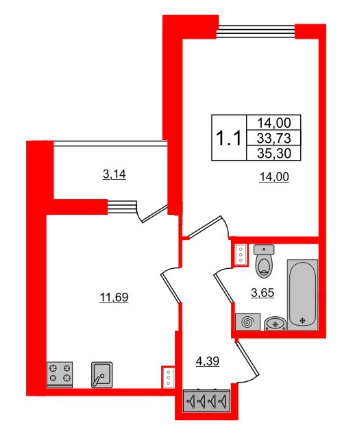 1-комнатная 35.3 м²