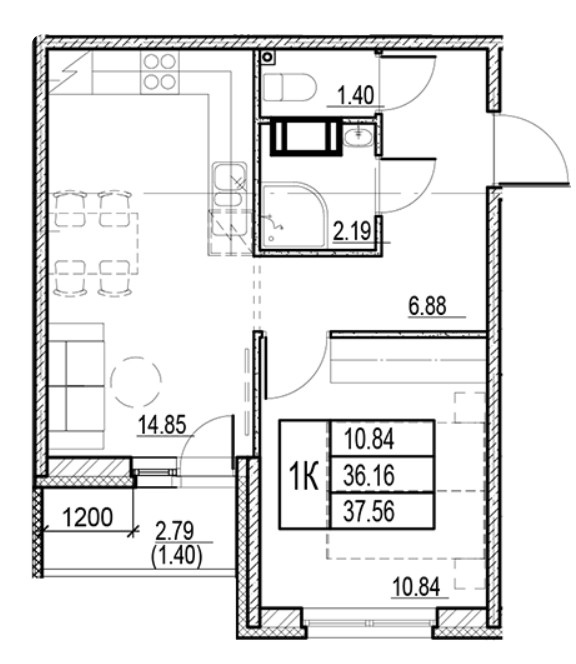 1-комнатная 37.56 м²