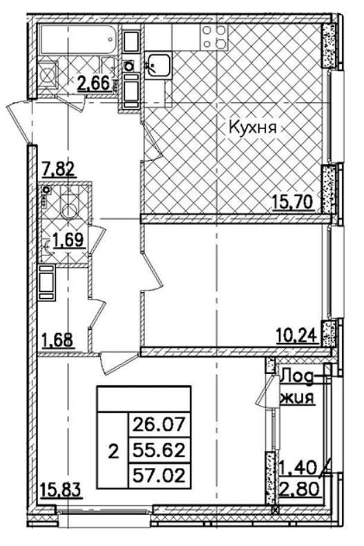2-комнатная 57.02 м²